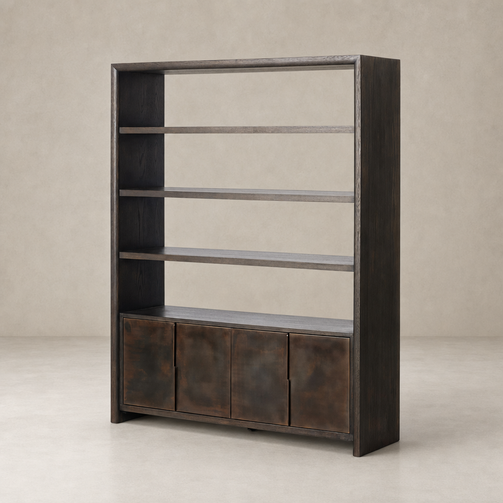 Lazuli  Bookcase in espresso oak featuring open shelves and closed storage compartments.