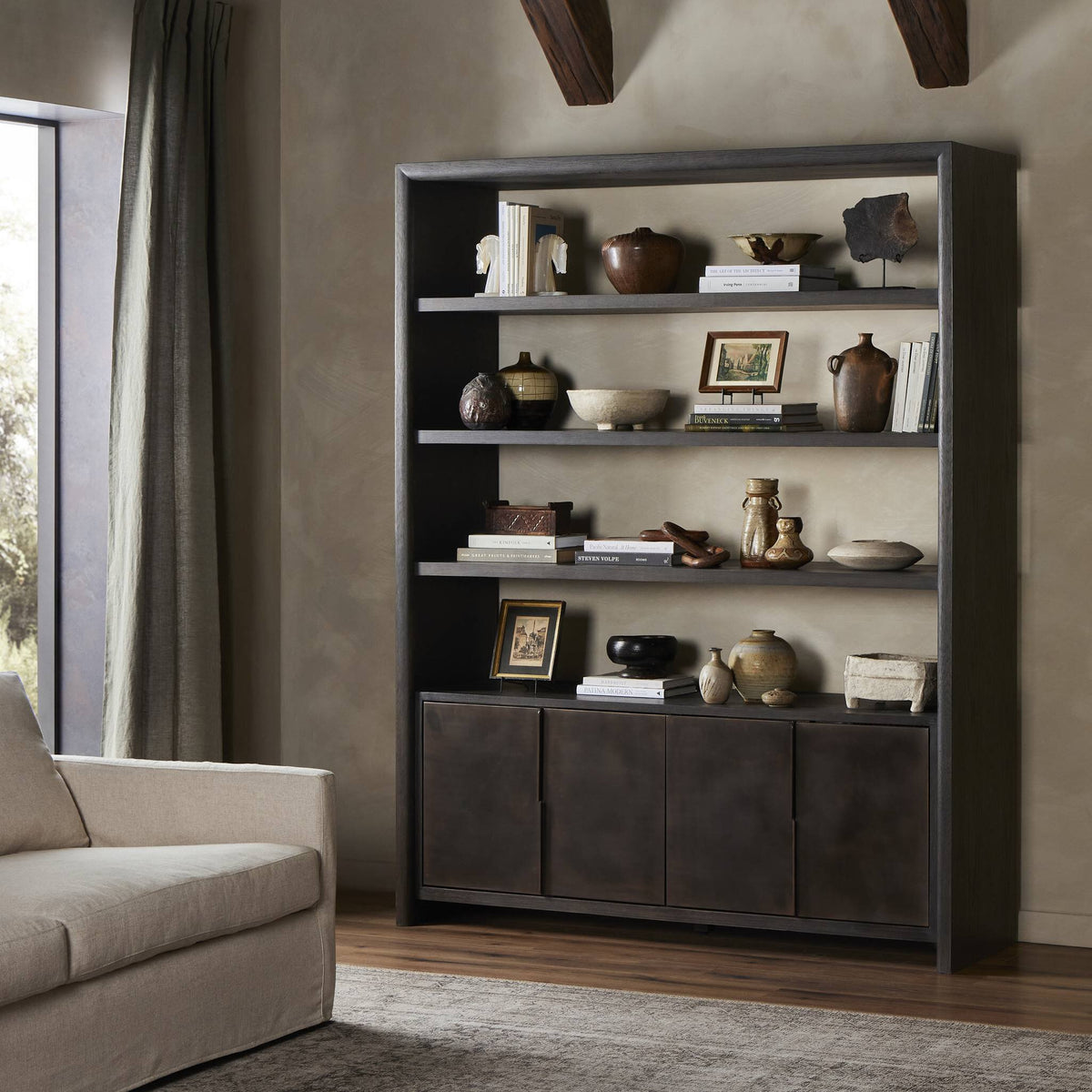 Espresso Oak Lazuli  Bookcase with open shelves and stylish storage cabinet.