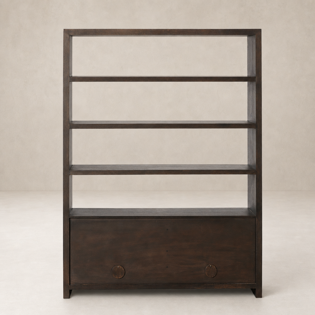Lazuli Bookcase in Espresso Oak featuring four open shelves and a closed drawer.