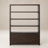 Lazuli Bookcase in Espresso Oak featuring four open shelves and a closed drawer.