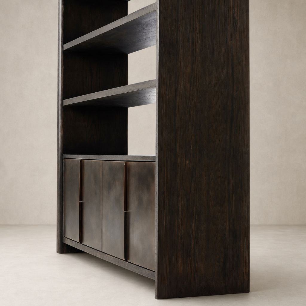 Lazuli Bookcase in Espresso Oak with clean lines and sleek storage cabinets.