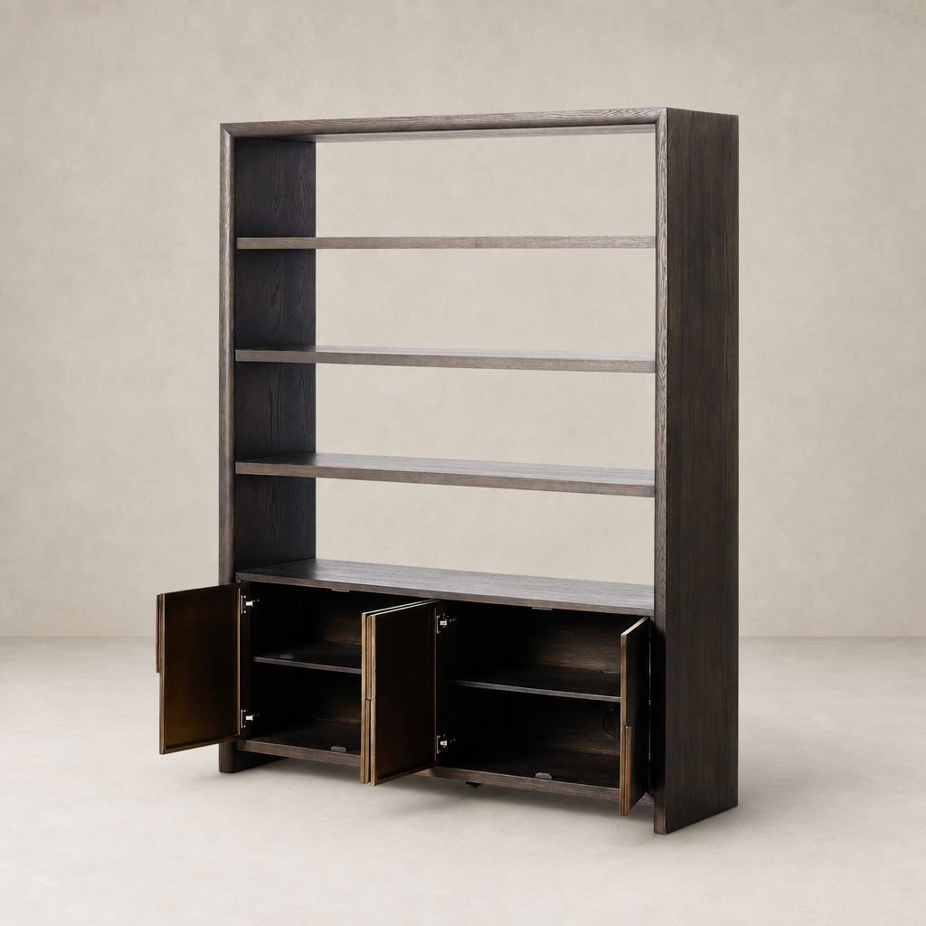 Espresso Oak Lazuli Bookcase with open shelves and two cabinet doors.