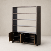 Espresso Oak Lazuli Bookcase with open shelves and two cabinet doors.