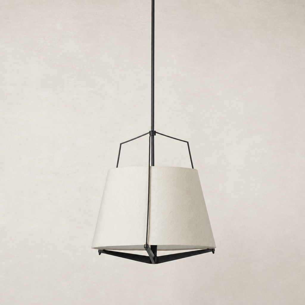 Matte black pendant light with a geometric shade and modern design.
