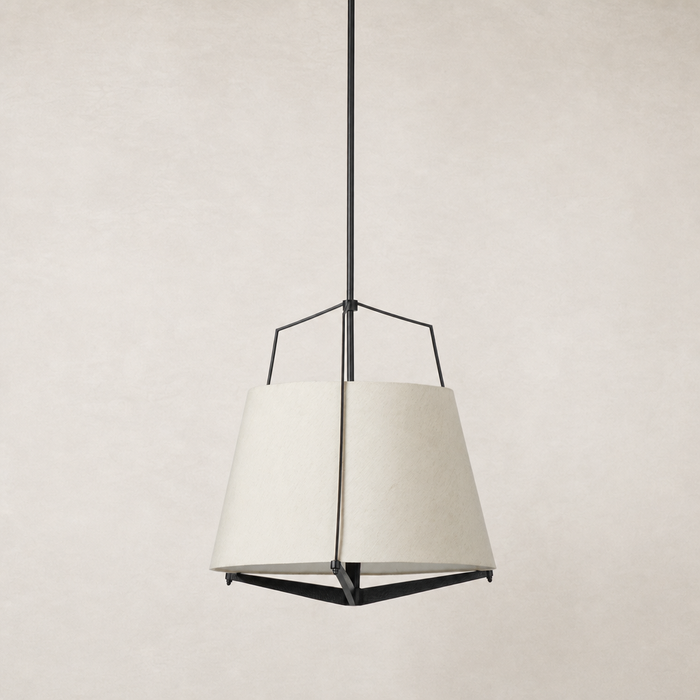 Matte black pendant light with a geometric shade and modern design.