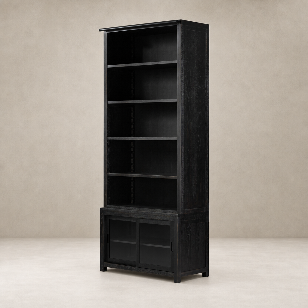 Zanzibar Bookcase in worn black featuring six open shelves and two glass doors.