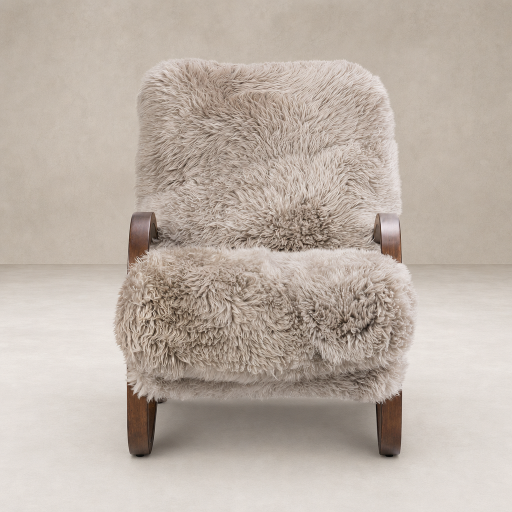 Livia Chair in taupe Mongolian fur with wooden armrests and plush texture.