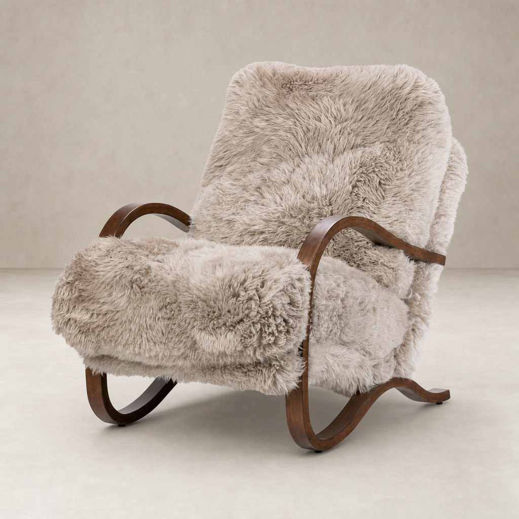 Livia Chair in taupe Mongolian fur with elegant curved wooden legs.