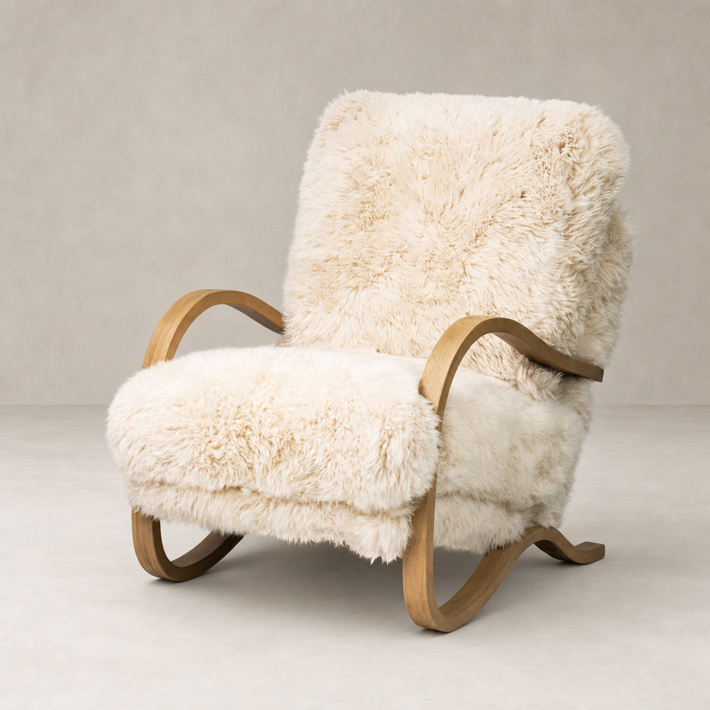 Livia Chair in champagne Mongolian fur with natural wood rocking base.