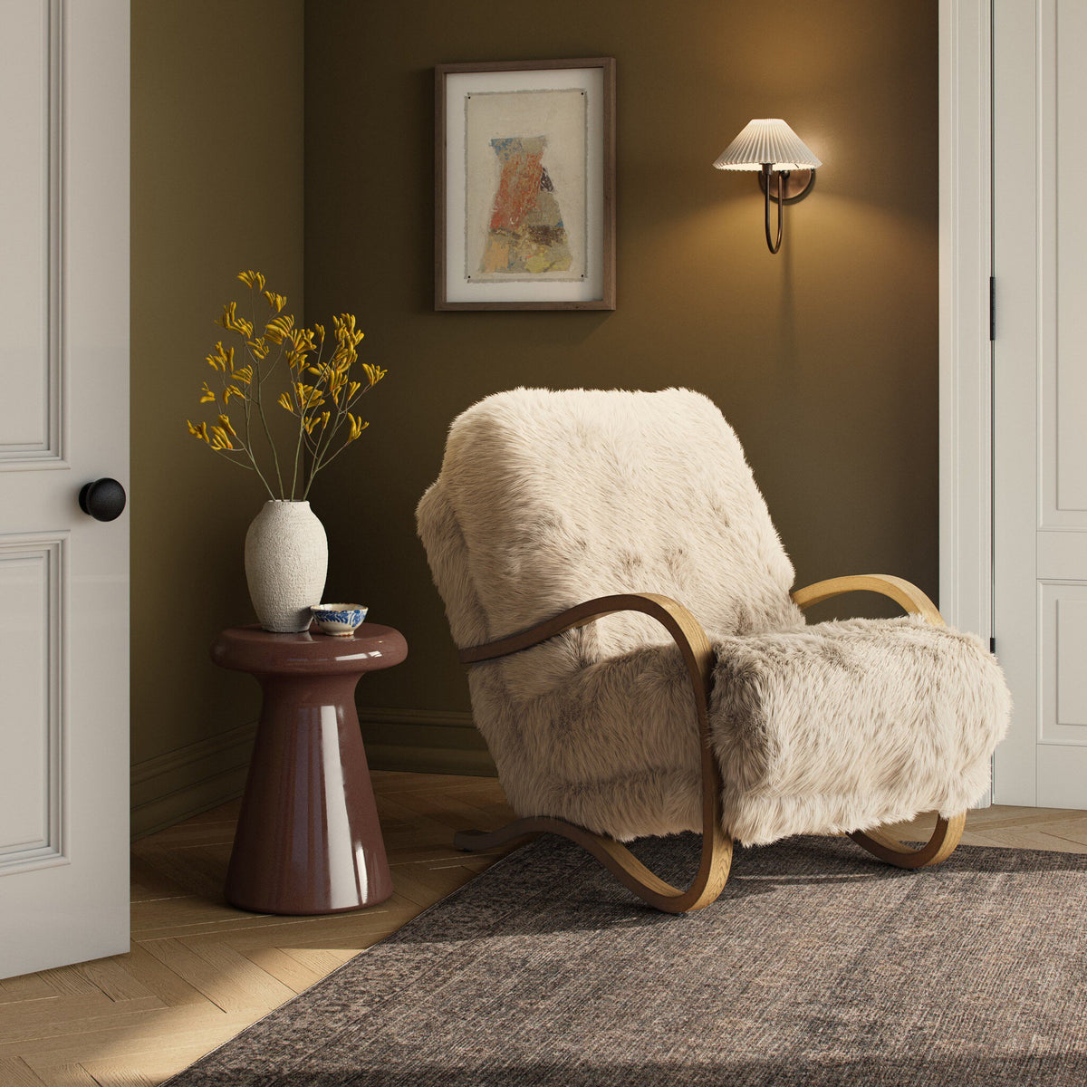 Cozy Livia Chair in champagne Mongolian fur with elegant wood arms in a stylish room.