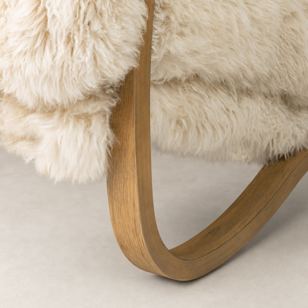 Champagne Mongolian Fur Livia Chair with sleek wooden base and plush texture.
