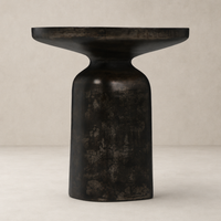 Odette End Table featuring a sleek black finish and unique hourglass shape.