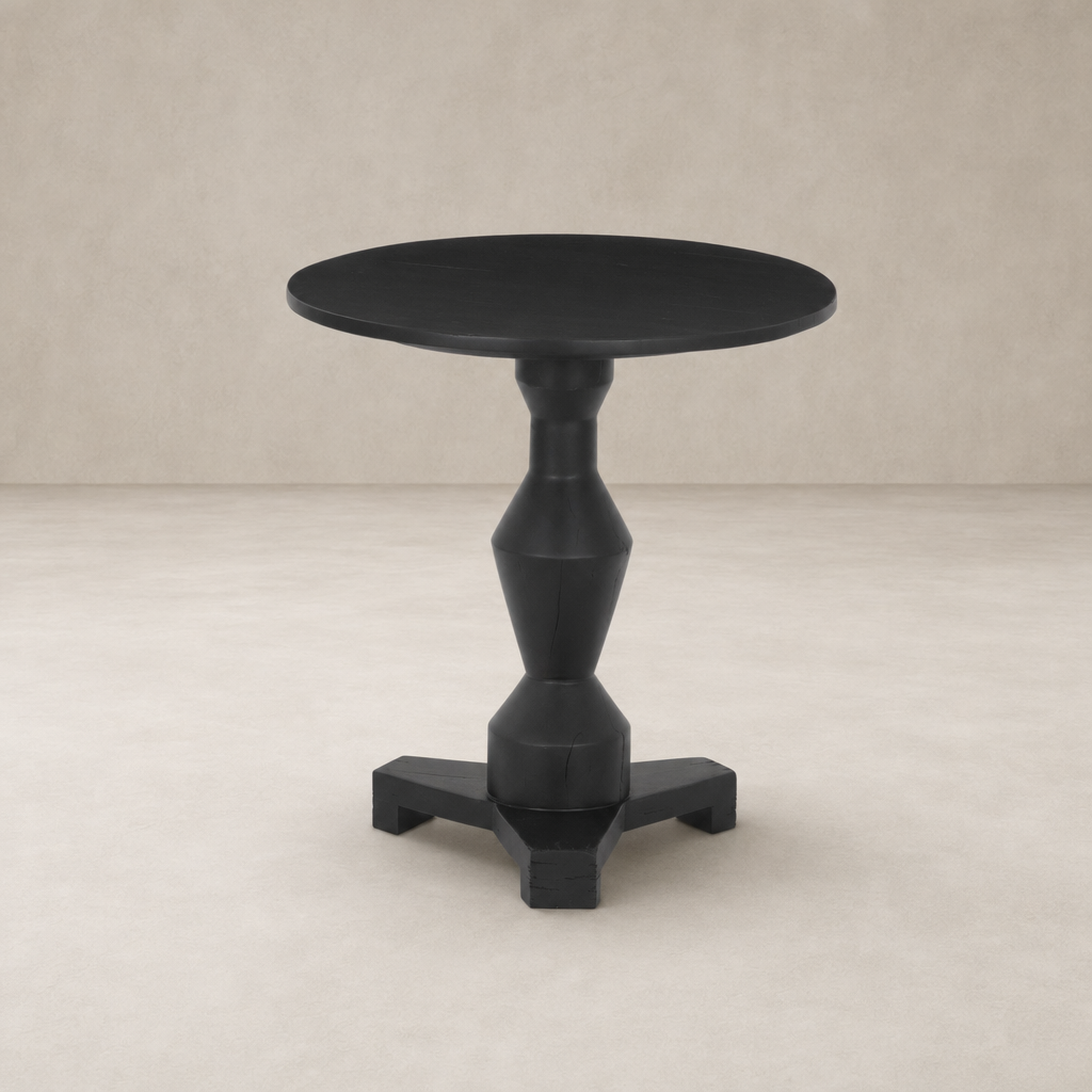 Black Neri End Table with round top and geometric base design.