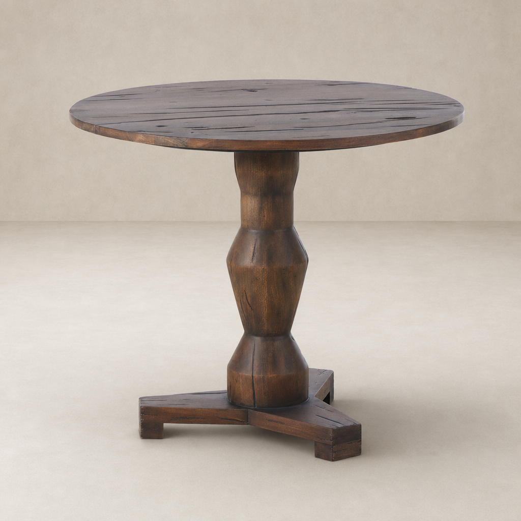 Riva Large End Table with round top and chunky, textured wooden pedestal base.