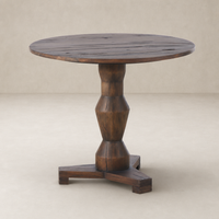 Riva Large End Table with round top and chunky, textured wooden pedestal base.