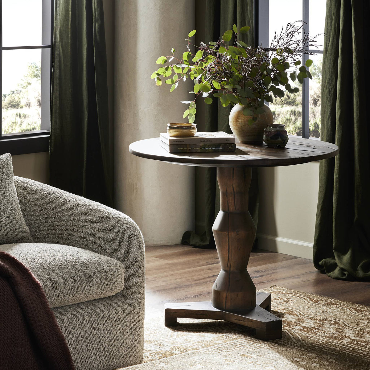 Riva Large End Table features a textured wooden base and circular top, ideal for any living space.
