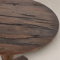 Riva Large End Table featuring a round, rustic wooden surface with unique textures.