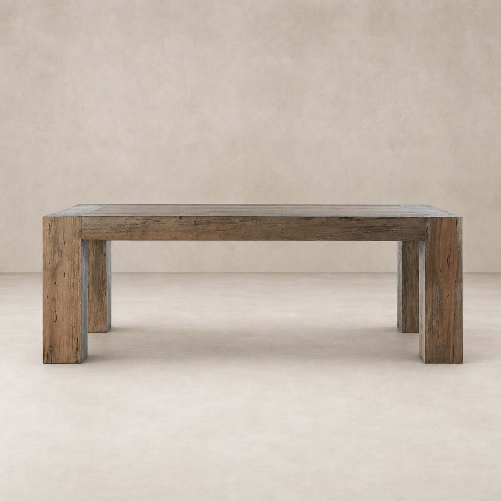 Brisa Dining Table in Rustic Wormwood Oak with sturdy legs and a smooth surface.
