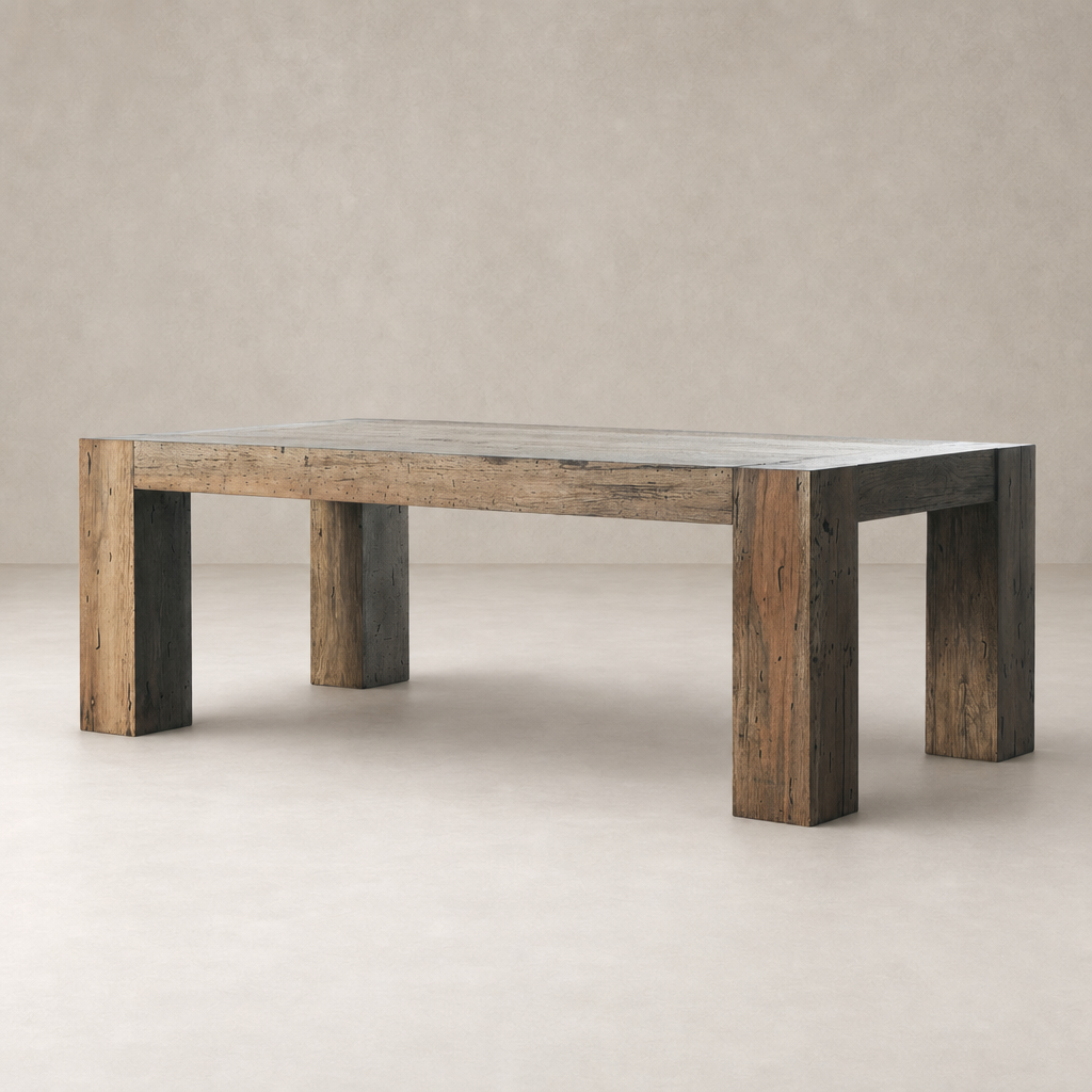 Rustic Wormwood Oak Brisa Dining Table with chunky legs and a smooth finish.