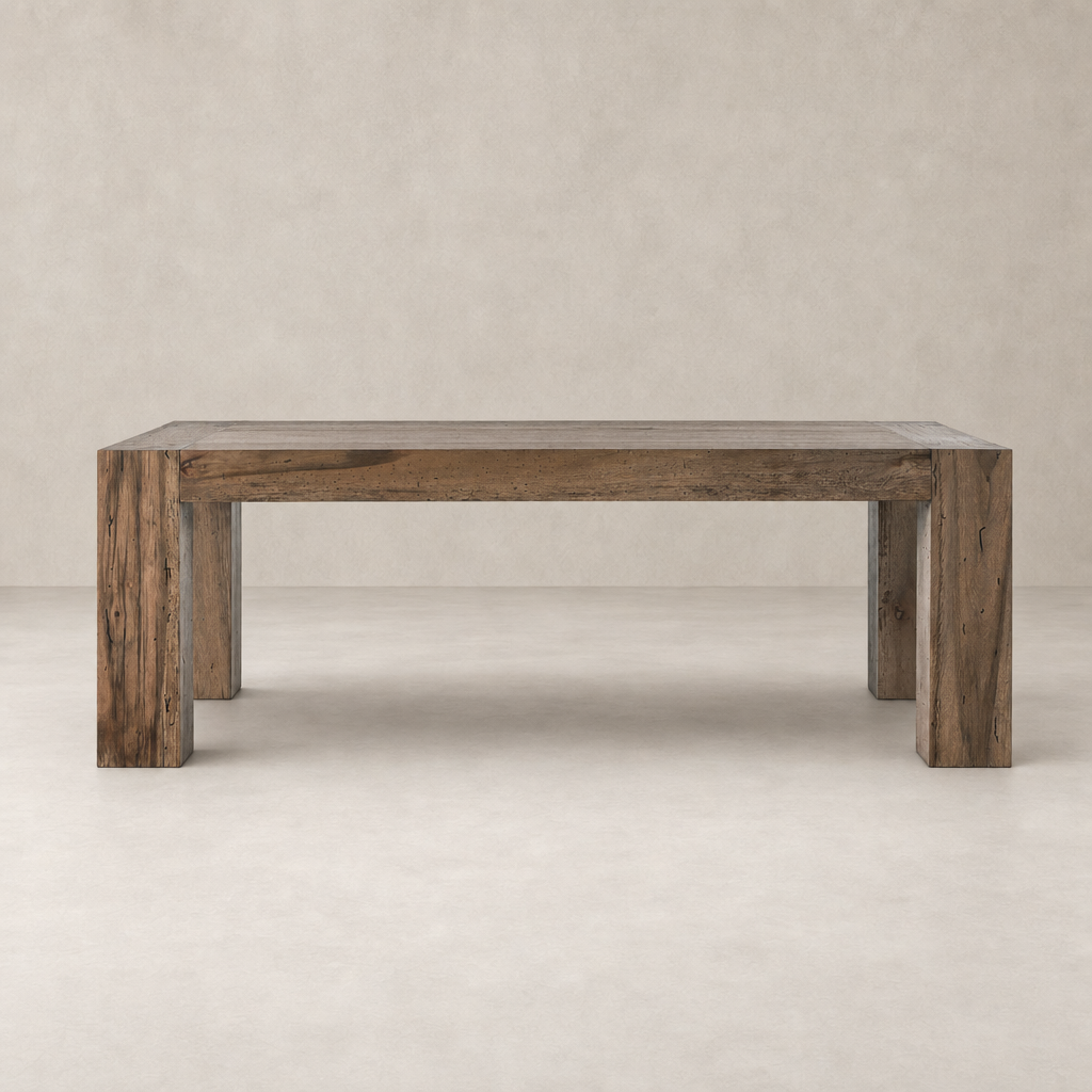 Brisa Dining Table in Rustic Wormwood Oak with sturdy, blocky legs and a smooth finish.