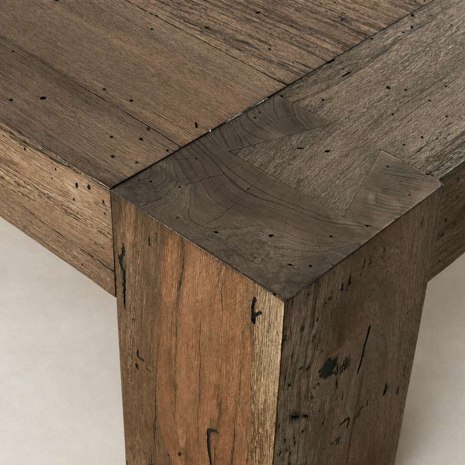 Brisa Dining Table corner detail showcasing rustic wormwood oak finish.