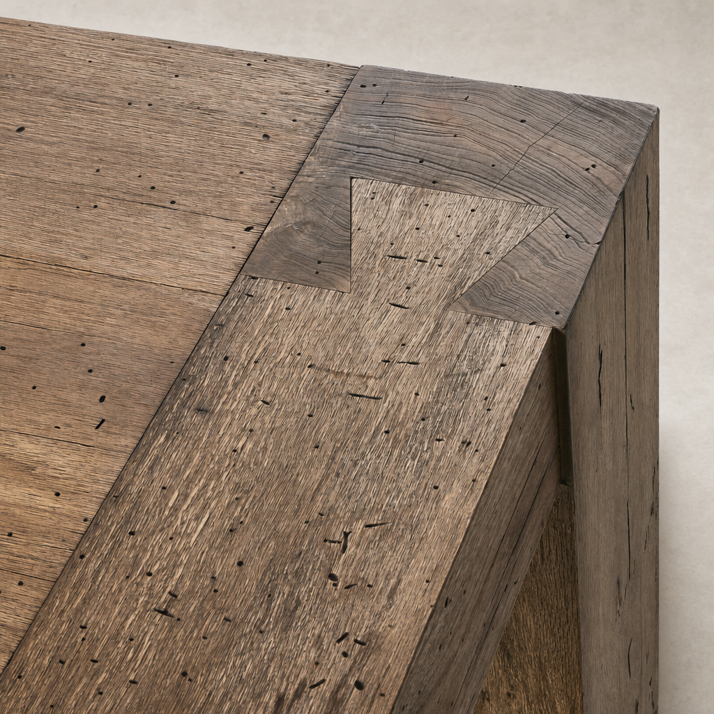 Brisa Dining Table showcasing rustic wormwood oak texture and detailed craftsmanship.