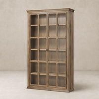 Lima Cabinet in weathered oak with glass doors and multiple interior shelves.