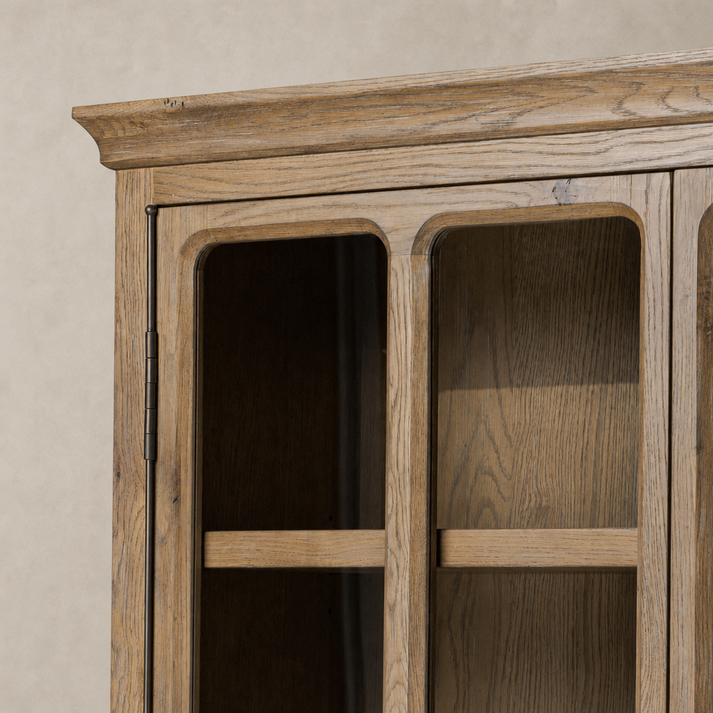 Lima Cabinet featuring a weathered oak finish with glass doors and elegant detailing.