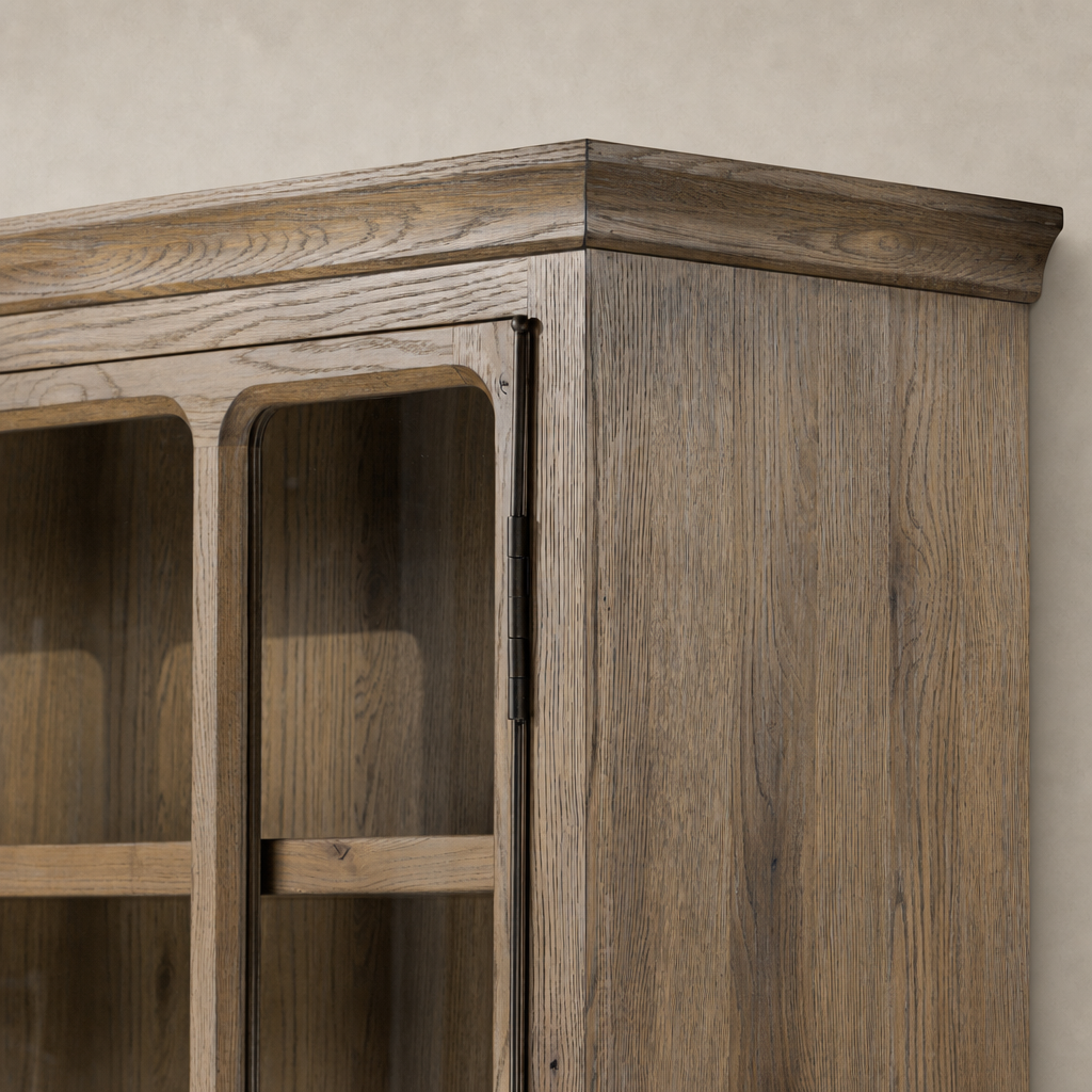 Lima Cabinet in weathered oak showcasing sleek lines and elegant glass doors.