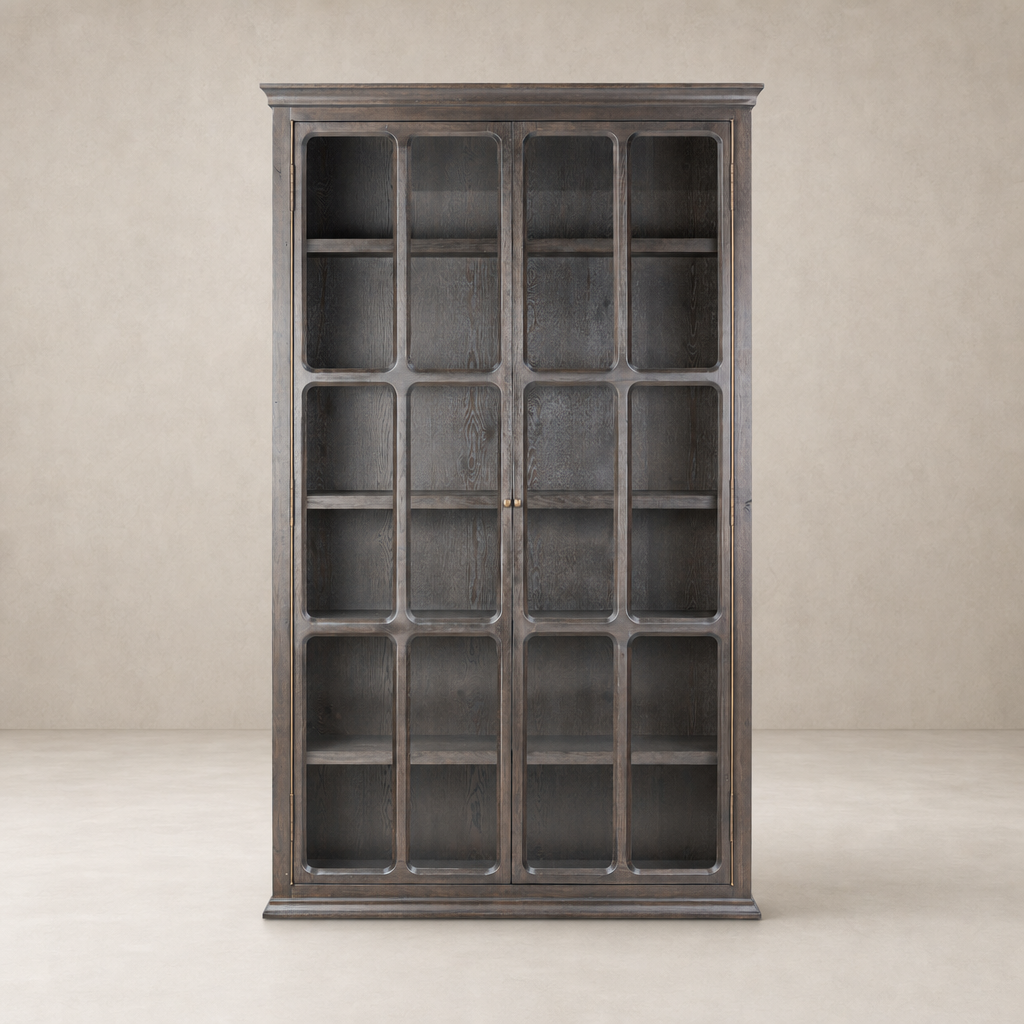 Lima Cabinet in Smoked Black Oak with multiple shelves and elegant glass doors.