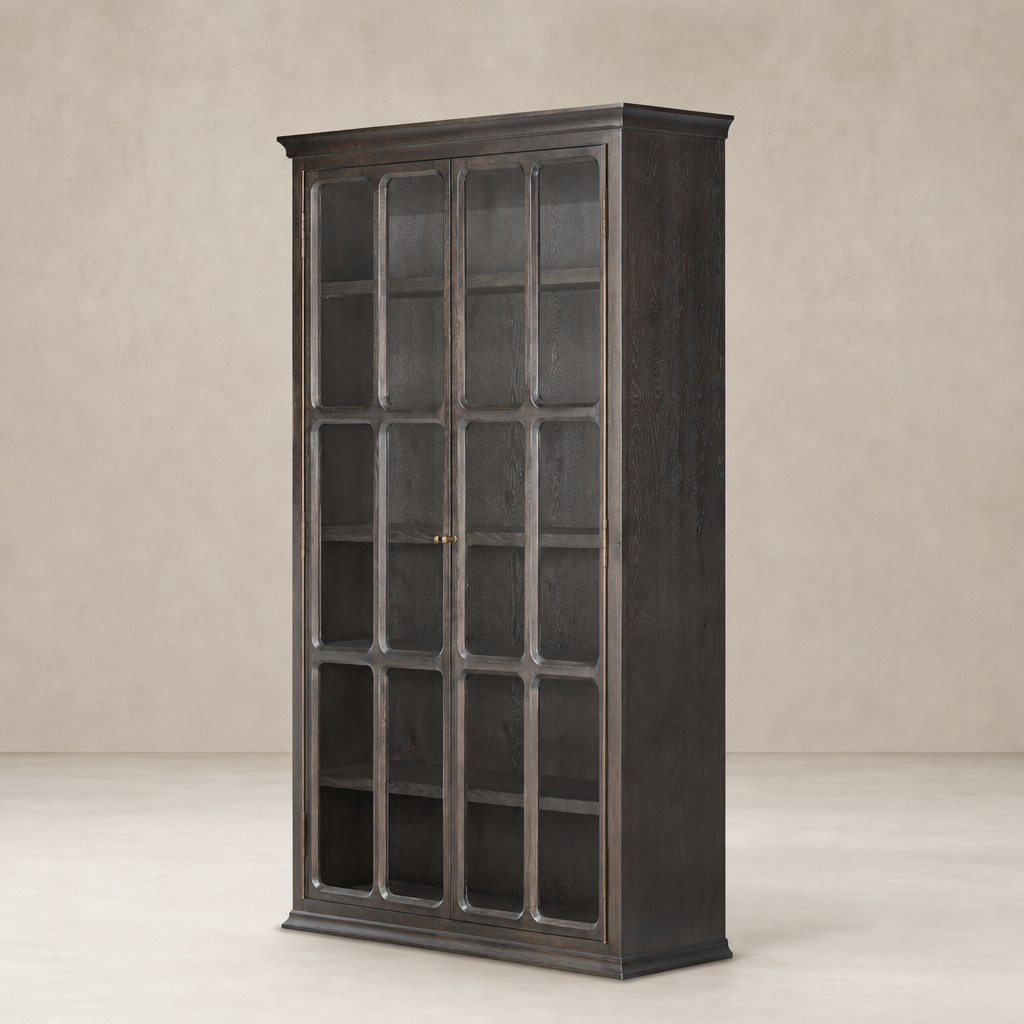 Sleek Lima Cabinet in smoked black oak with glass doors and shelving.