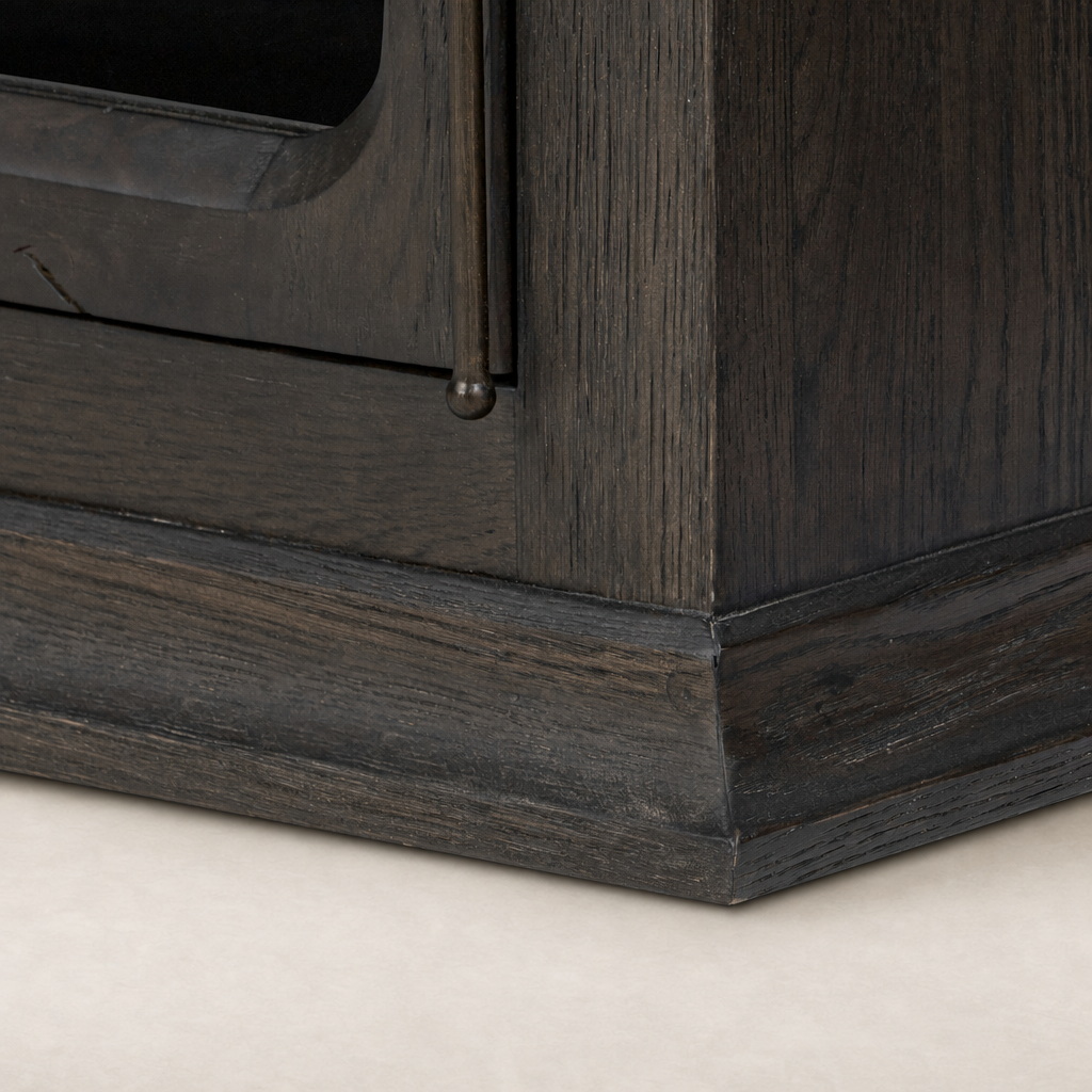 Lima Cabinet corner with smooth smoked black oak finish and subtle detailing.
