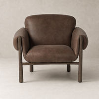 Bingham Chair in Palermo Cigar with rounded arms and sleek wooden legs.
