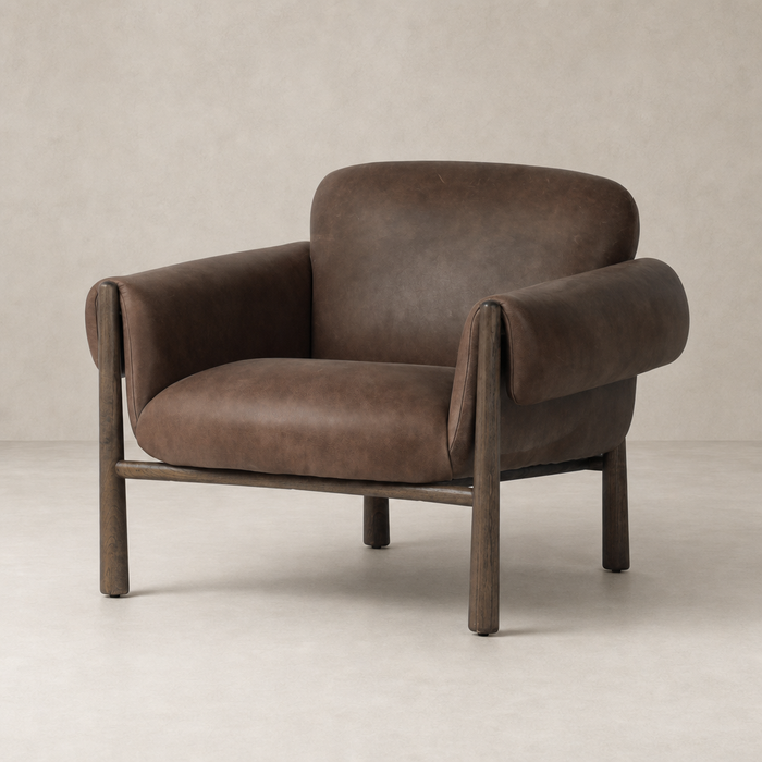 Bingham Chair in Palermo Cigar features plush seating with curved arms and wooden legs.