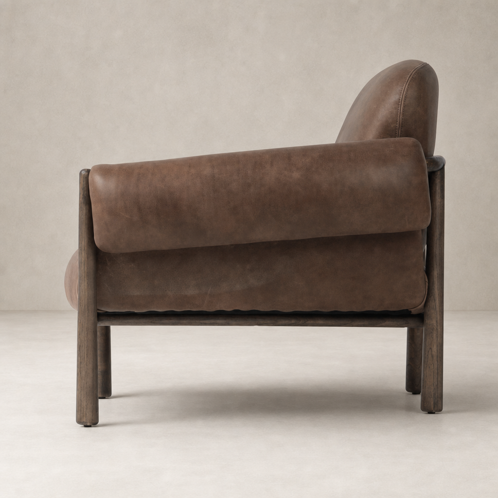 Side view of Bingham Chair in Palermo Cigar, showcasing its sleek design and plush cushion.