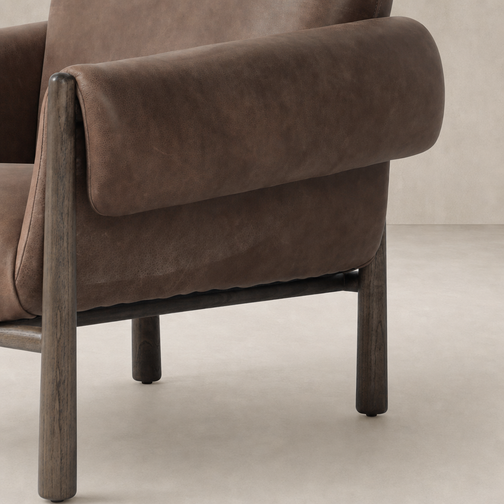 Bingham Chair in Palermo Cigar with rounded back and wooden legs.