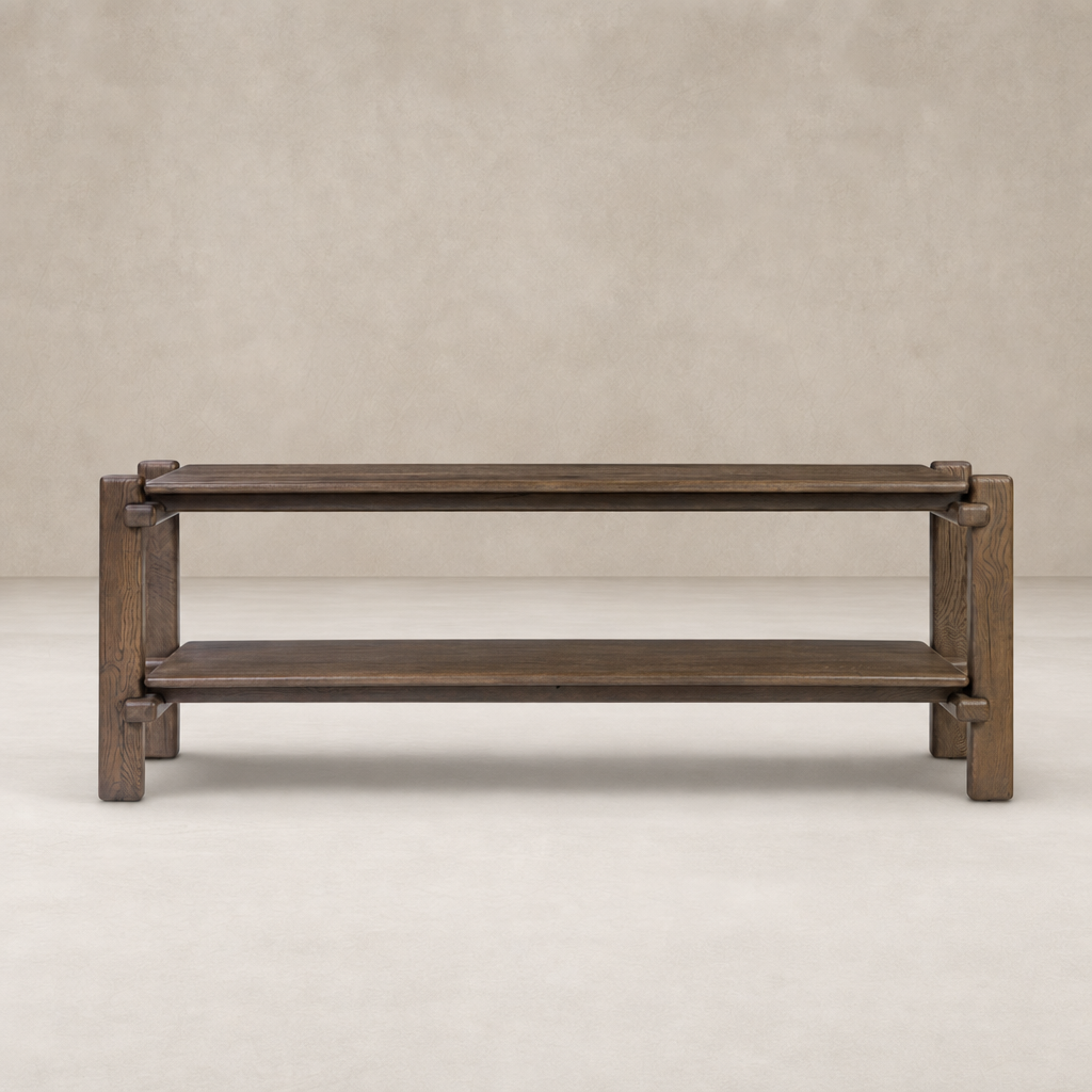 Maeve Console Table in grey reclaimed French oak with two spacious shelves and sturdy design.