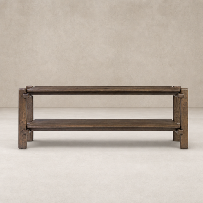 Maeve Console Table in grey reclaimed French oak with two spacious shelves and sturdy design.