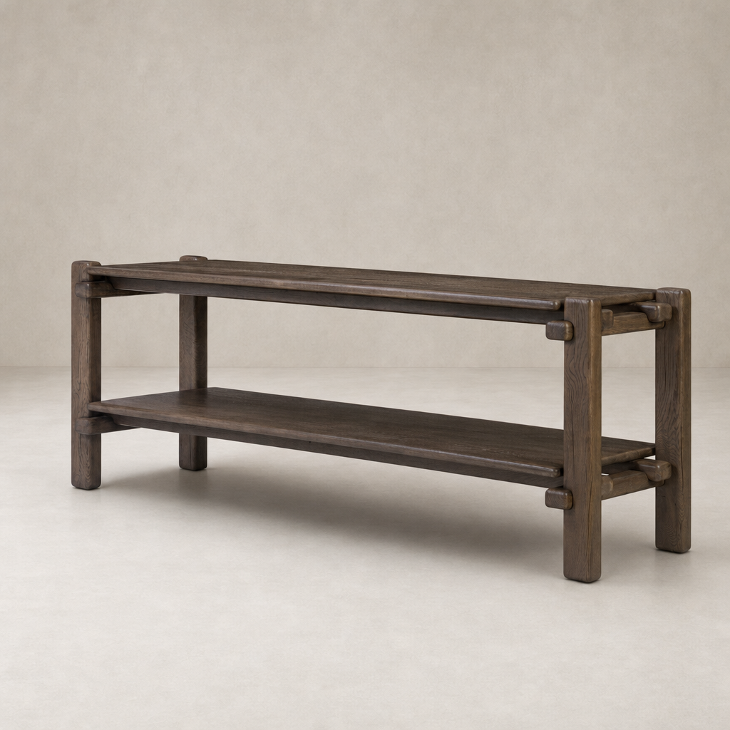 Grey reclaimed French oak Maeve Console Table with two spacious shelves.