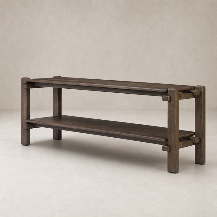 Grey reclaimed French oak Maeve Console Table with two spacious shelves.