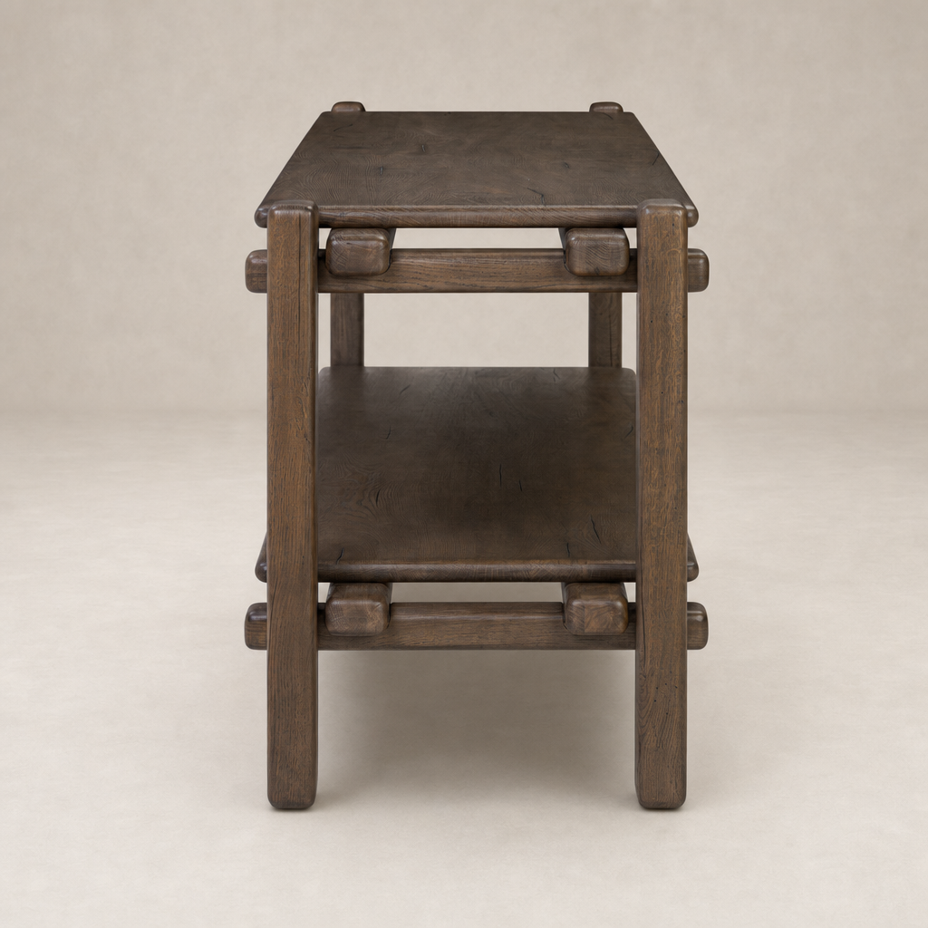 Maeve Console Table in grey reclaimed French oak with a rustic, sturdy design.