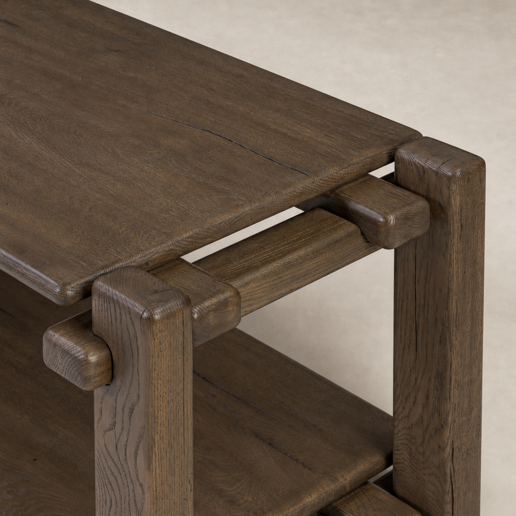 Maeve Console Table in grey reclaimed French oak with unique texture and sturdy construction.