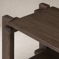Maeve Console Table features a sleek grey reclaimed French oak finish with sturdy, distinctive corners.