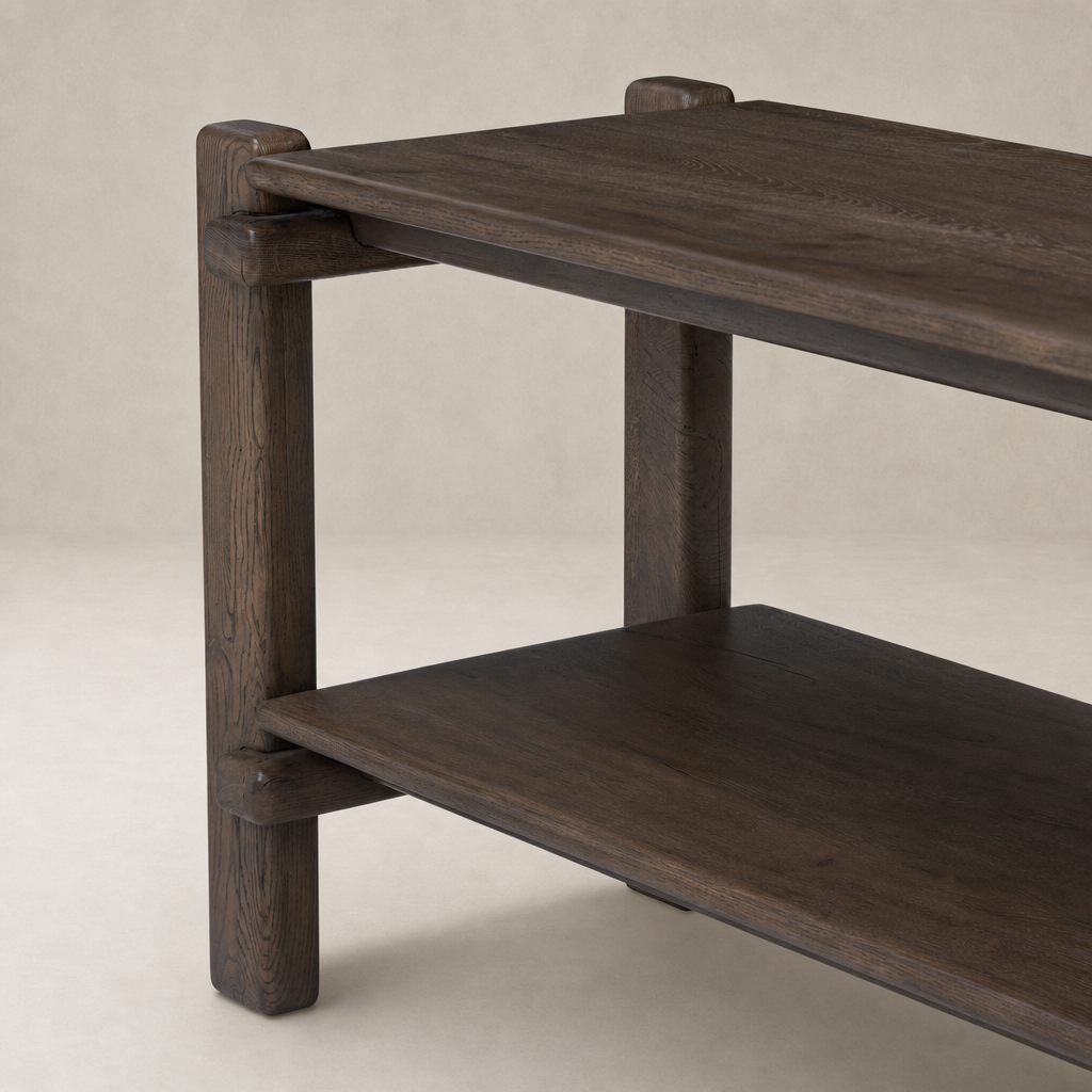 Maeve Console Table in grey reclaimed French oak showcasing a sturdy, minimalist design.
