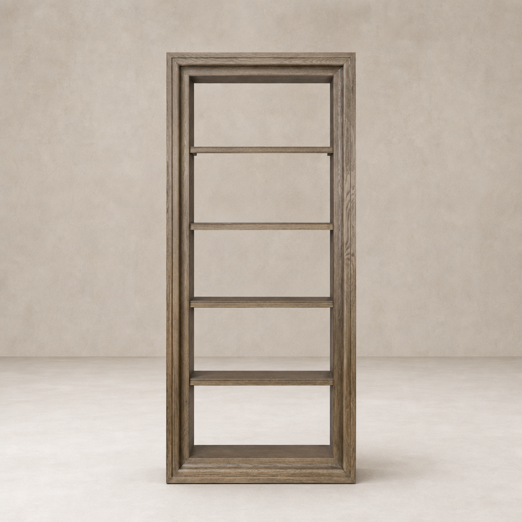 Montez Bookcase in weathered hazel oak, featuring five spacious shelves and a sleek frame.