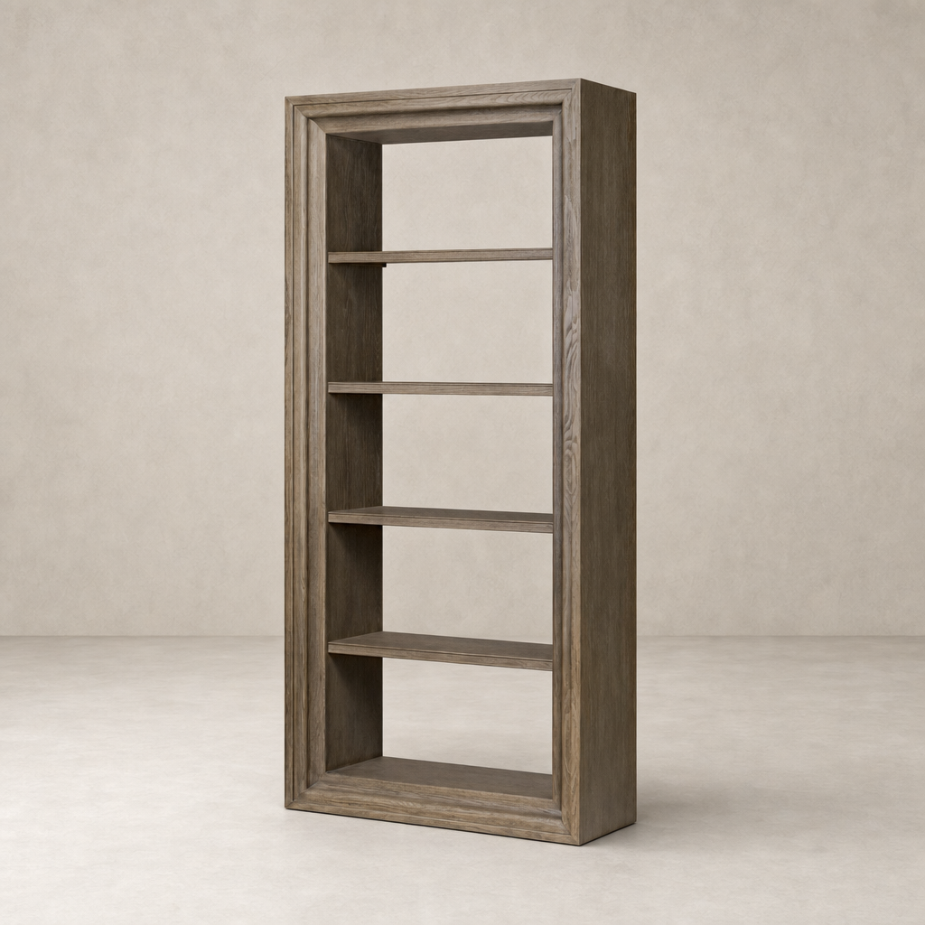 Weathered Hazel Oak Montez Bookcase with five spacious shelves and a sleek design.