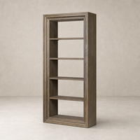 Weathered Hazel Oak Montez Bookcase with five spacious shelves and a sleek design.