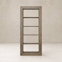 Montez Bookcase in weathered hazel oak with five spacious shelves and minimalist design.