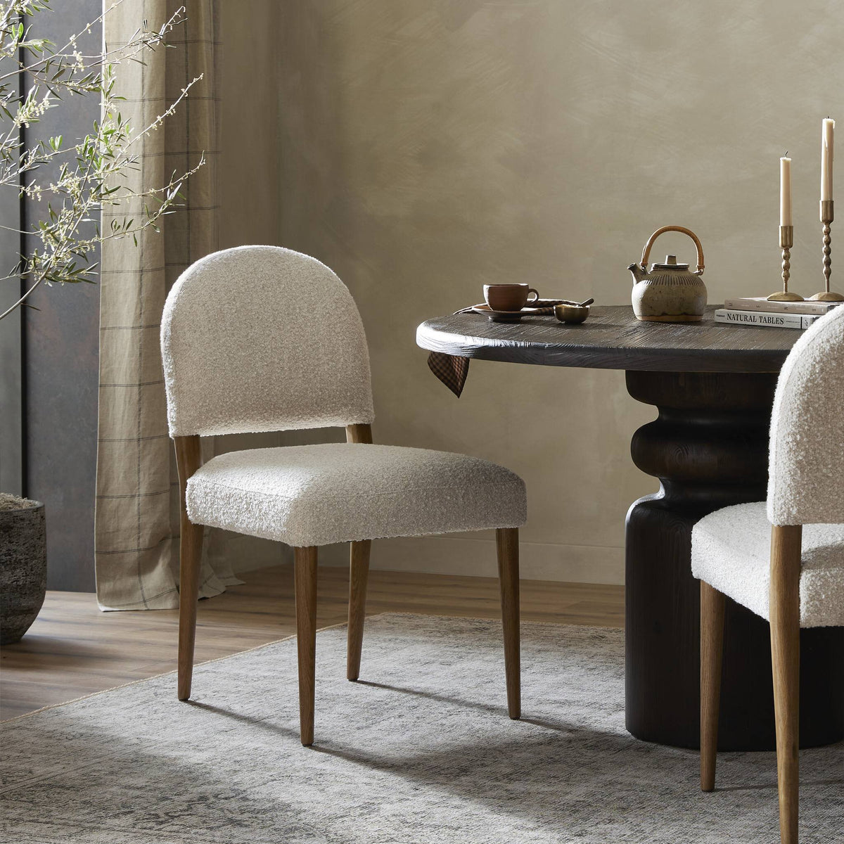 Marfa Dining Chair in Somerton Ash with soft textured upholstery and wooden legs.