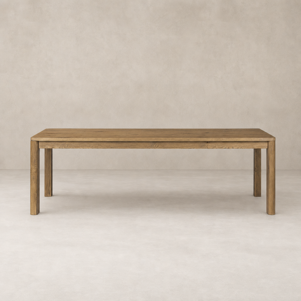 Stratton Extension Dining Table in Resawn Worn Oak with clean lines and natural finish.